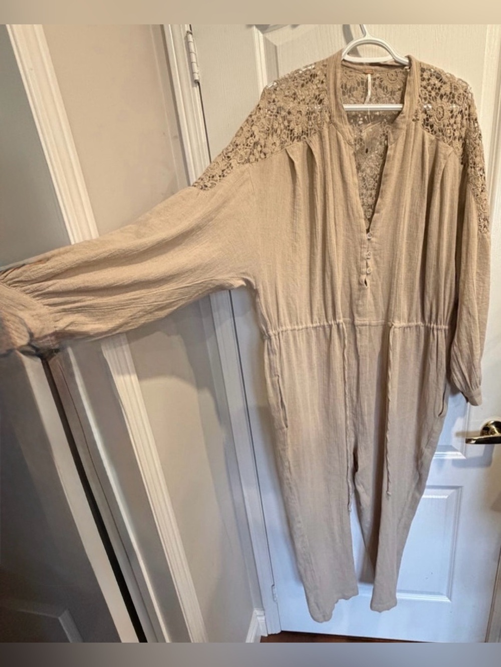 Free People Tan Button-Front Jumpsuit with Lace Back - Picture 4 of 8